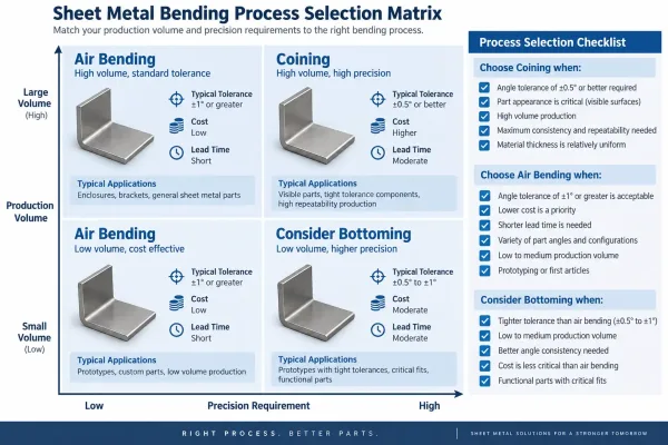 Decision matrix comparing coining and air bending for different application scenarios