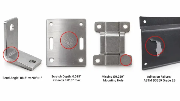 Four common sheet metal nonconformances: bend angle deviation, surface scratches, missing hole, and coating adhesion failure with measurement callouts