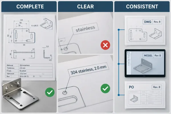 Three criteria for a manufacturing package: Complete, Clear, and Consistent with short check examples