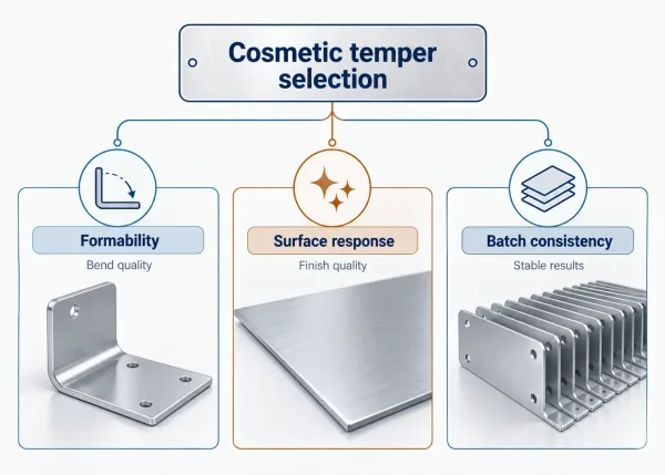 Diagram of three cosmetic enclosure constraints: formability, surface response, and batch consistency