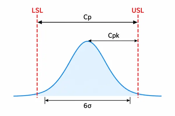 Cpを規格幅対6σ、Cpkを最も近い規格限界までの余裕として示す図