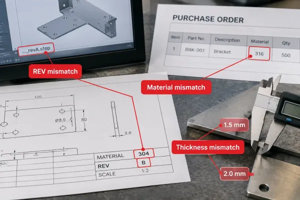 Cross-file consistency check showing revision and material mismatches between drawing, CAD, and PO