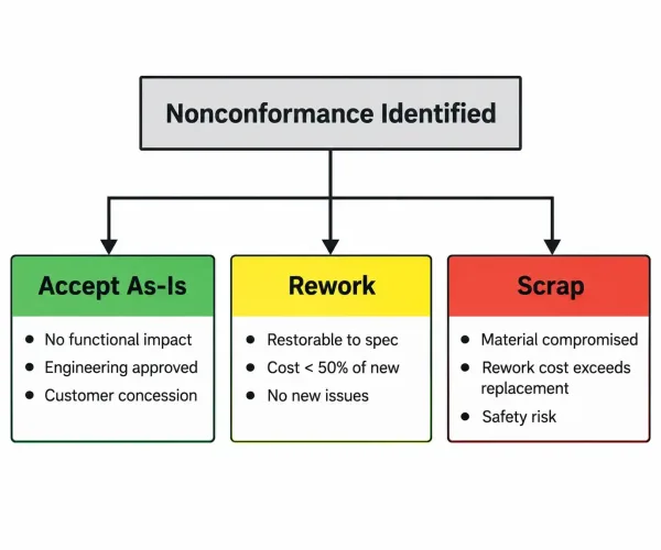 Decision tree for sheet metal nonconformance disposition showing three paths: accept as-is, rework, or scrap with specific conditions for each