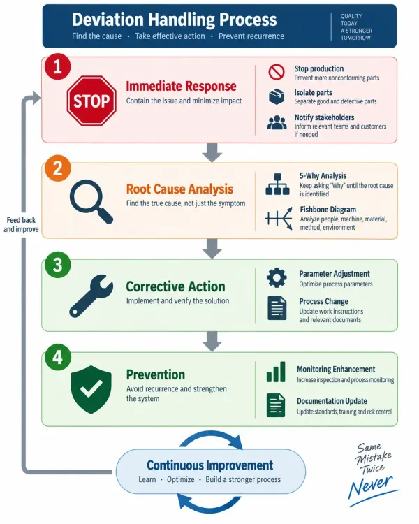 Flowchart showing the process deviation handling sequence from detection to prevention