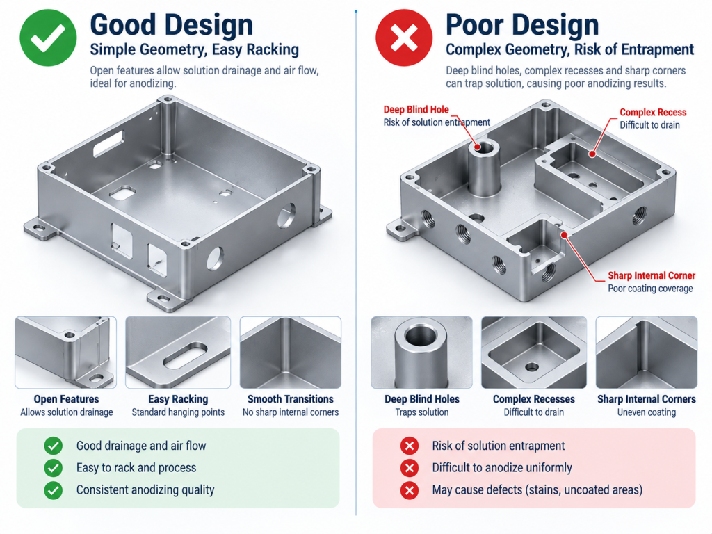 Comparison of good and poor design practices for parts intended for black anodizing, focusing on geometry and racking.