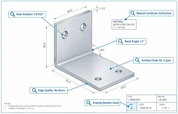 Technical diagram of sheet metal L-bracket showing six key inspection points: drawing revision, material certificate, bend angle, hole position, surface finish, and edge quality