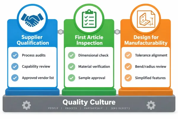Three-pillar framework for preventing sheet metal nonconformances: supplier qualification, first article inspection, and design for manufacturability