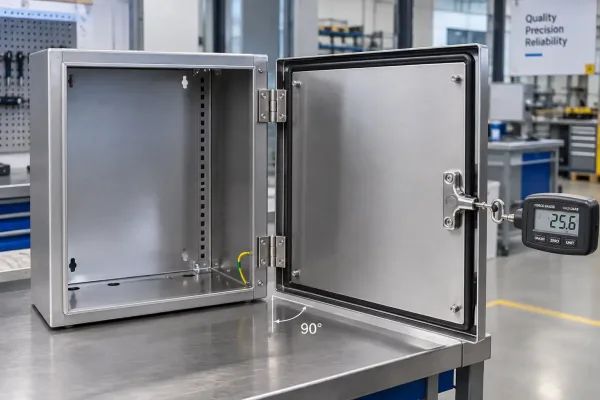 Sheet metal enclosure door open at 90 degrees with force gauge positioned at handle for functional check