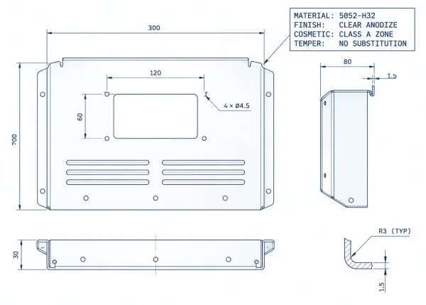 Engineering drawing callout showing alloy temper finish and cosmetic criteria on an enclosure panel