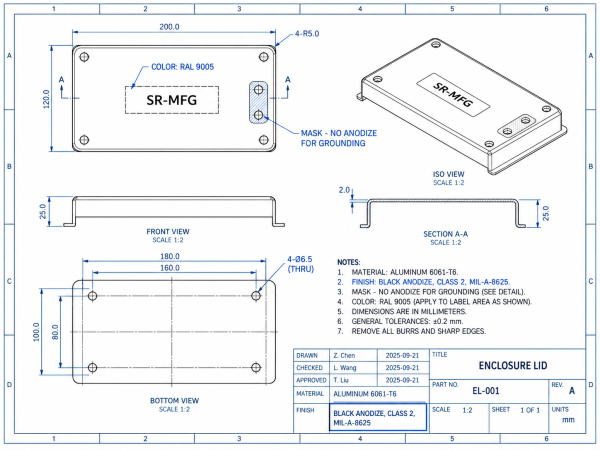 Engineering drawing example showing how to specify black anodizing finish, masking requirements, and color code.
