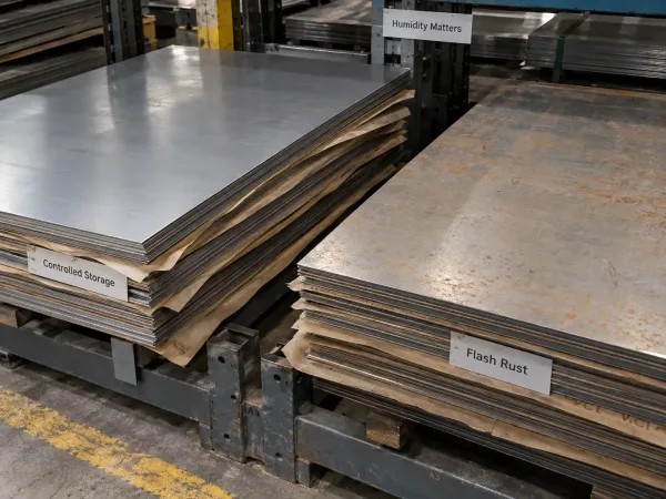Flash rust developing on dry sheet metal in humid storage