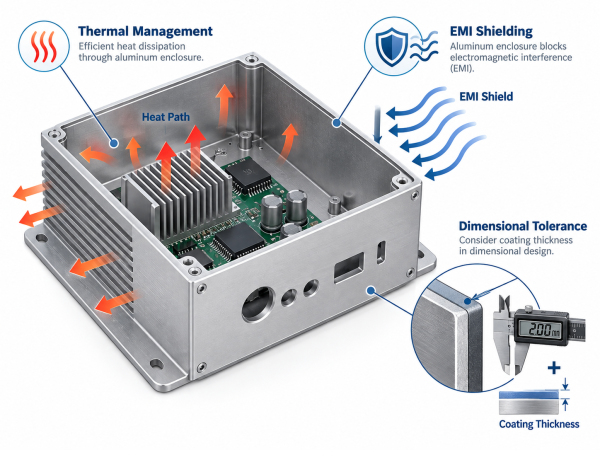 Technical diagram illustrating the three key engineering constraints for electronic enclosures: thermal management, EMI shielding, and dimensional tolerance.