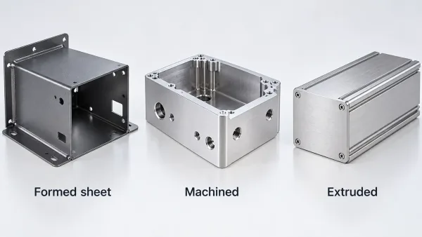 Three aluminum enclosure manufacturing routes: formed sheet metal, CNC machined, and extruded profile
