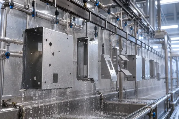 Sheet metal enclosures hung on custom racks inside a pretreatment line