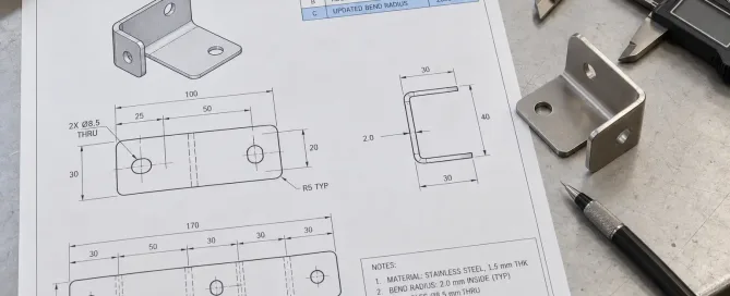 Engineering drawing with a formal revision table highlighting an approved design change
