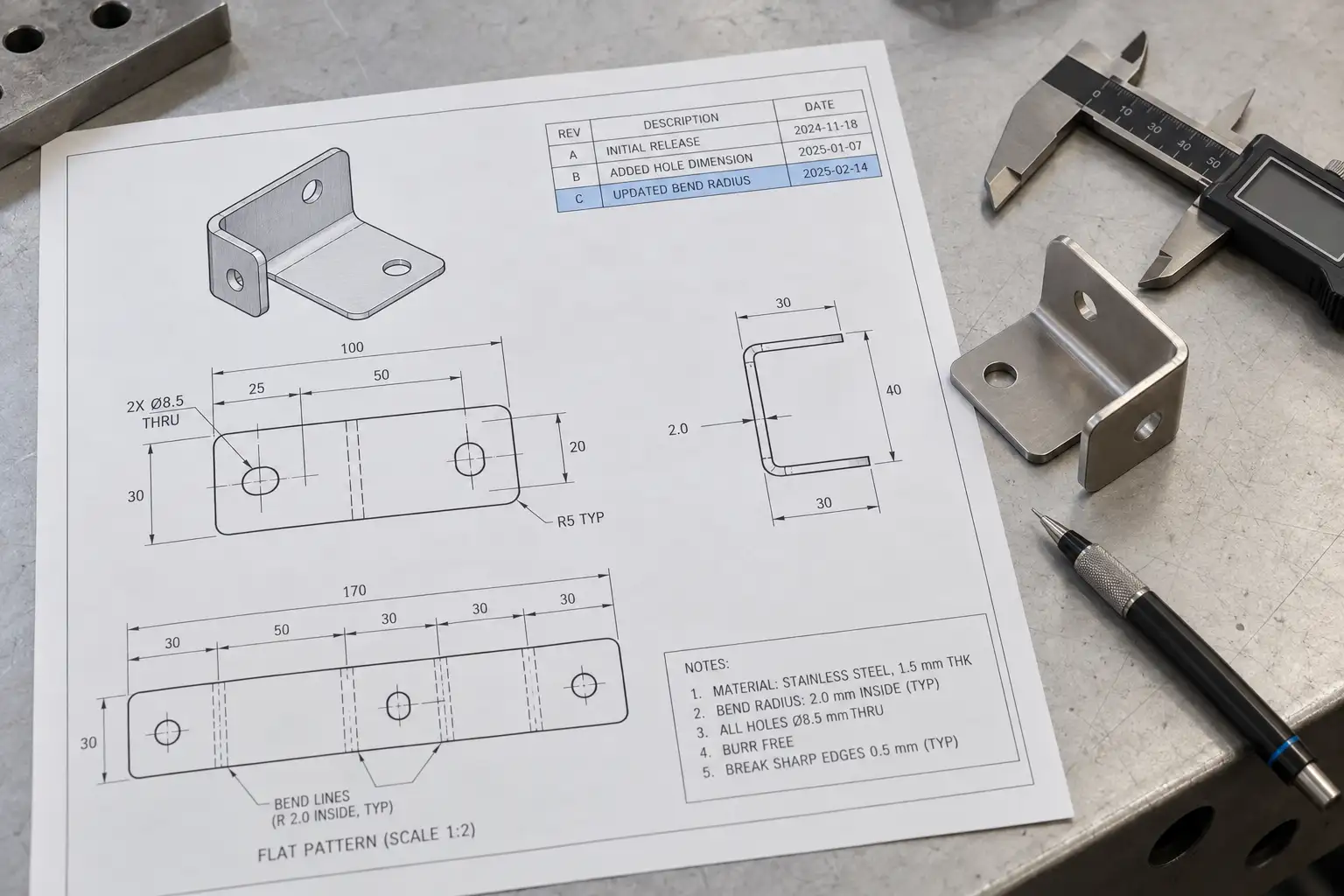 Engineering drawing with a formal revision table highlighting an approved design change