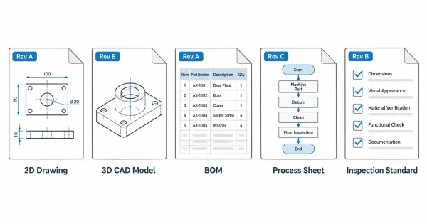 Five categories of engineering files requiring version control in sheet metal fabrication — 2D drawings, 3D CAD models, BOMs, process sheets, and inspection standards