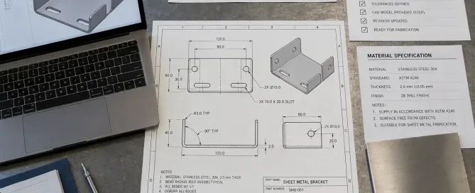 Sheet metal engineering package with drawing, STEP model on screen, material spec, and revision notes ready for review