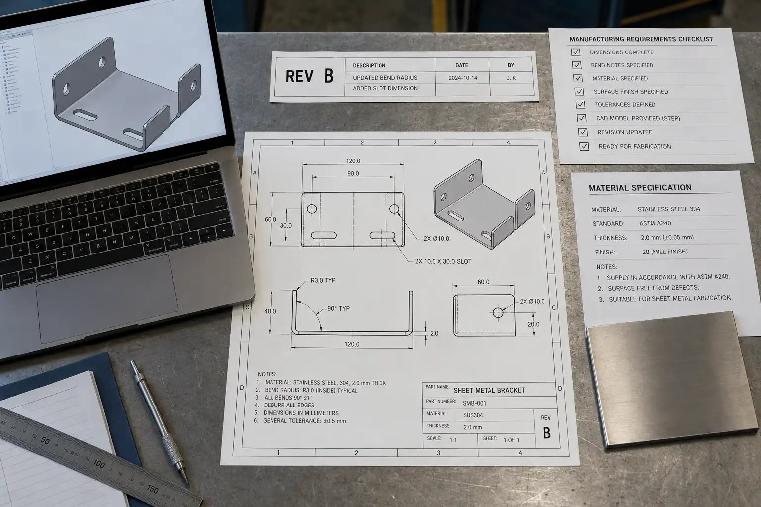 Sheet metal engineering package with drawing, STEP model on screen, material spec, and revision notes ready for review