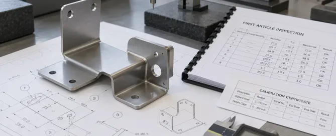 Sheet metal first article inspection package with CMM report, calipers, and bent metal bracket on a quality desk