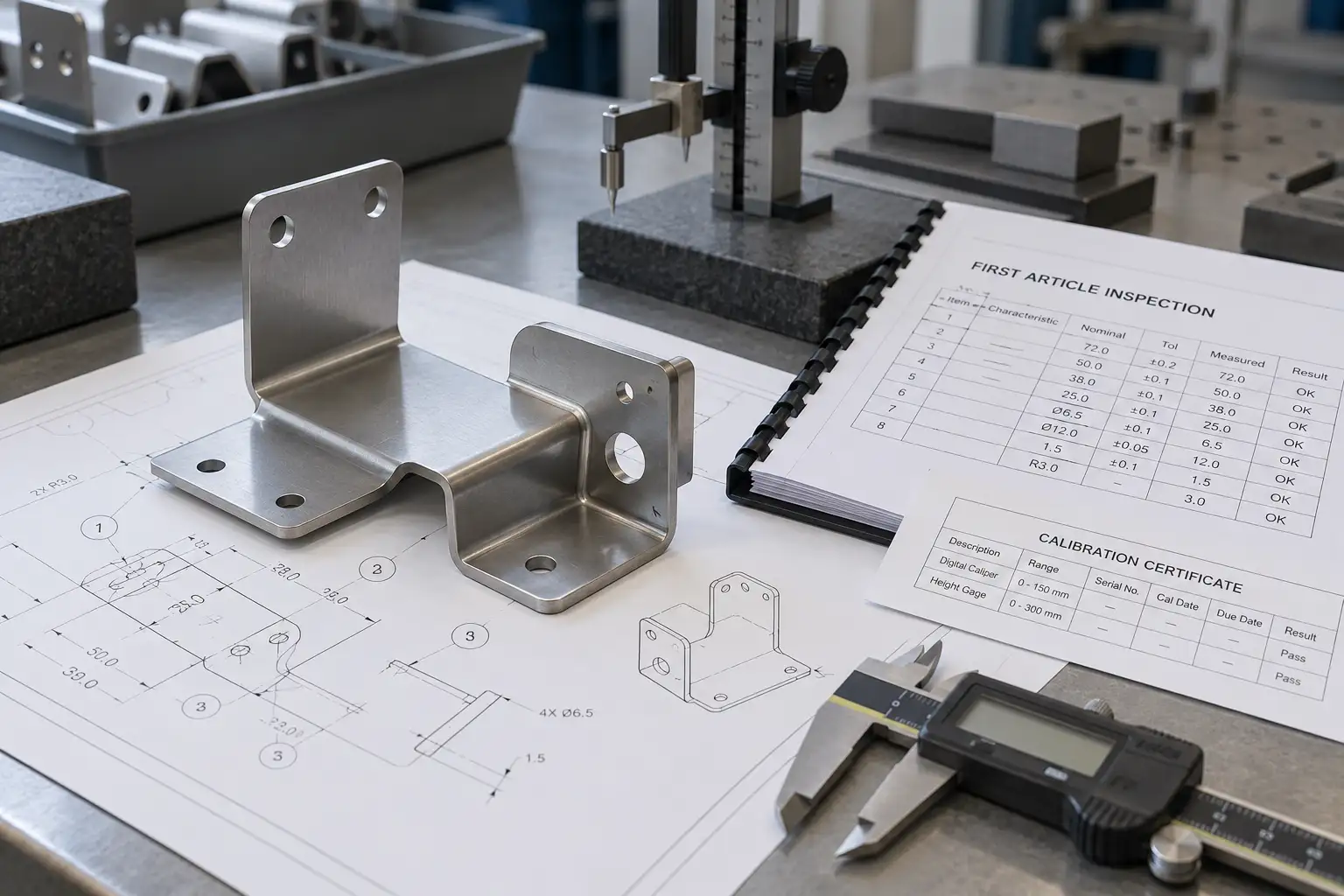 Sheet metal first article inspection package with CMM report, calipers, and bent metal bracket on a quality desk