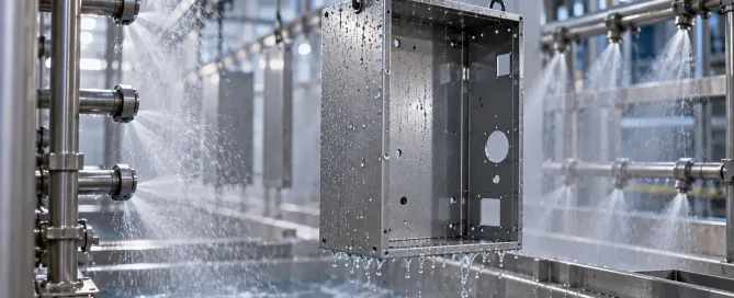 Custom sheet metal enclosure on an industrial pretreatment line before powder coating