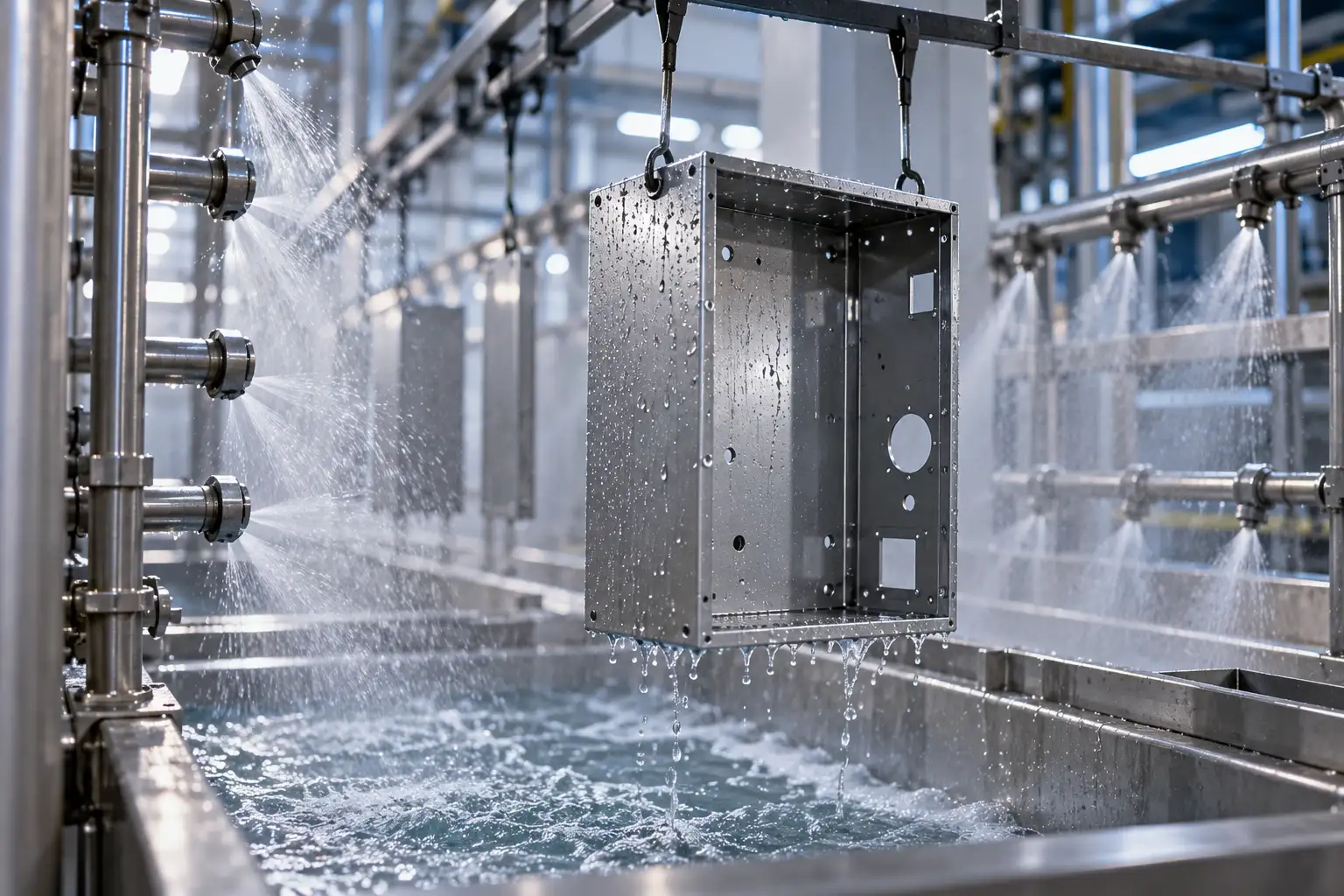Custom sheet metal enclosure on an industrial pretreatment line before powder coating