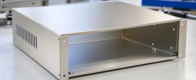 Anodized aluminum sheet-metal enclosure on a workshop table showing clean bends and uniform cosmetic finish