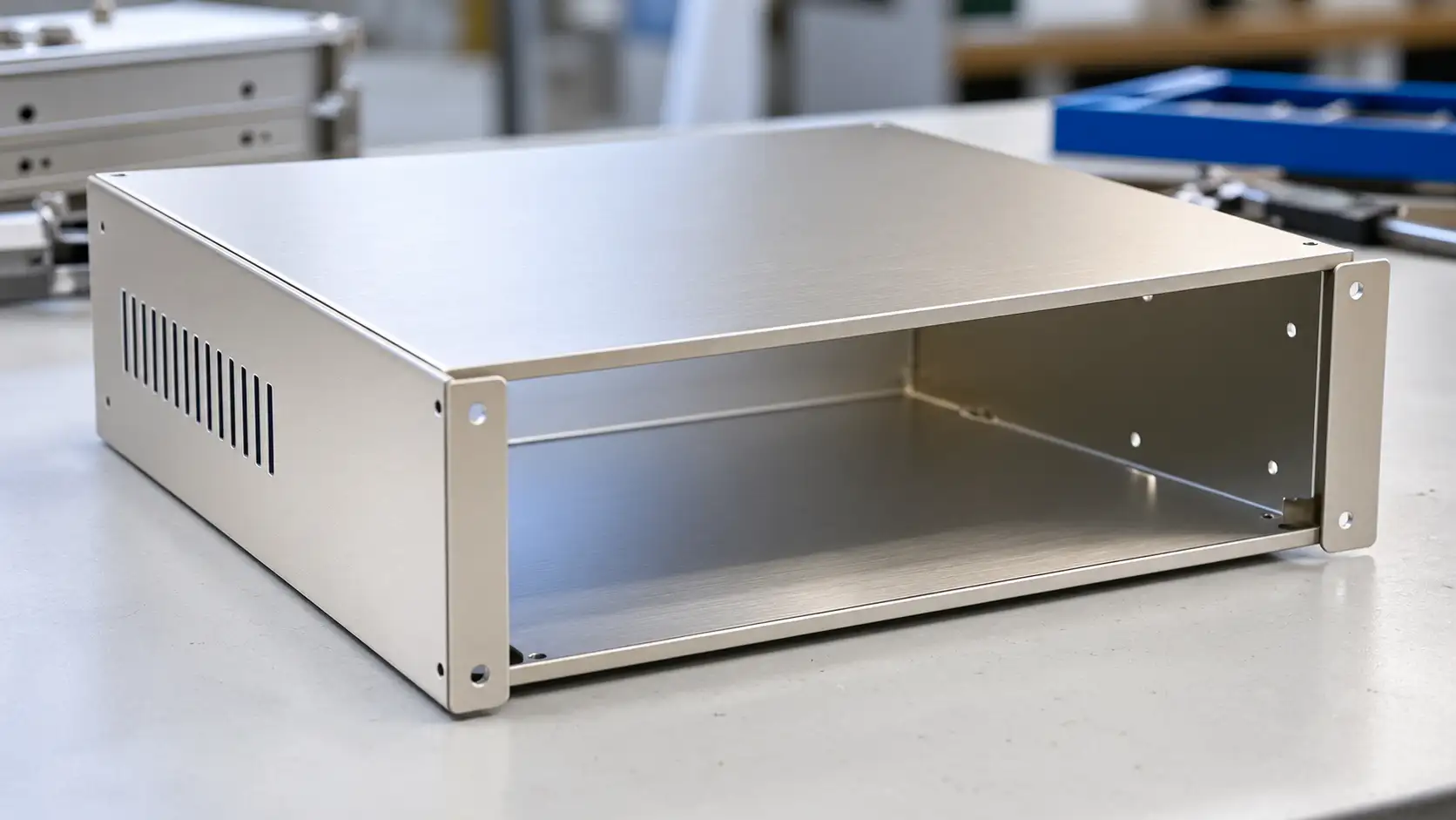 Anodized aluminum sheet-metal enclosure on a workshop table showing clean bends and uniform cosmetic finish