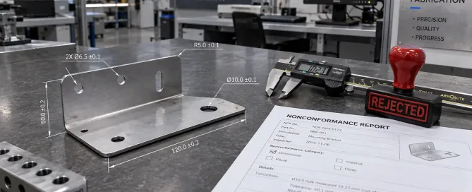 Sheet metal part undergoing nonconformance review with inspection tools and rejection stamp on quality inspection table