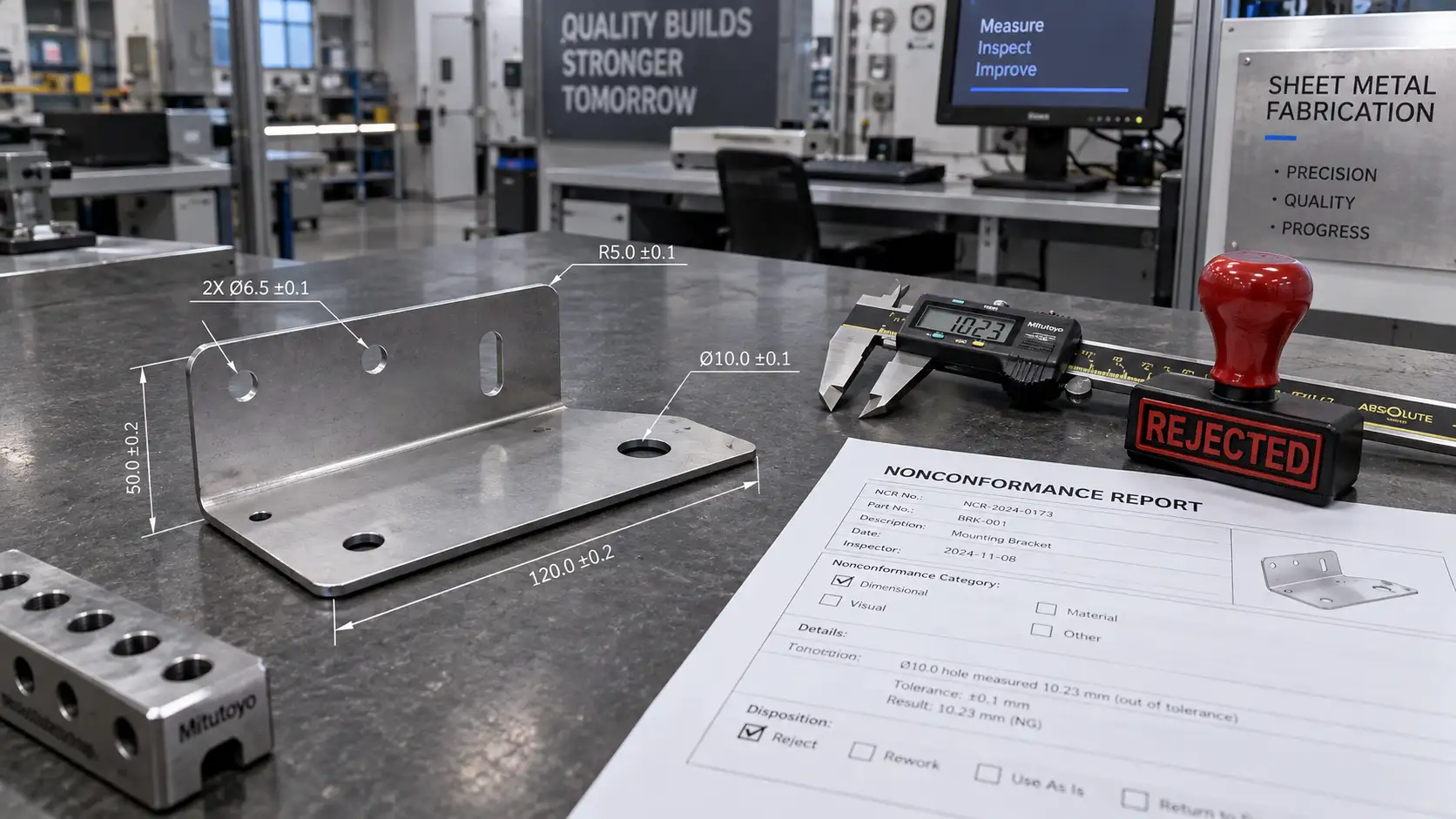 Sheet metal part undergoing nonconformance review with inspection tools and rejection stamp on quality inspection table