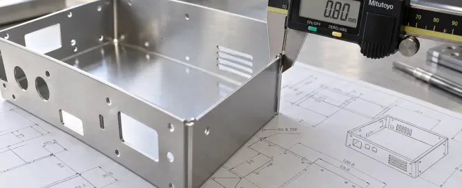 Engineer reviewing lightweight sheet metal design drawing with calipers measuring a thin-wall aluminum enclosure