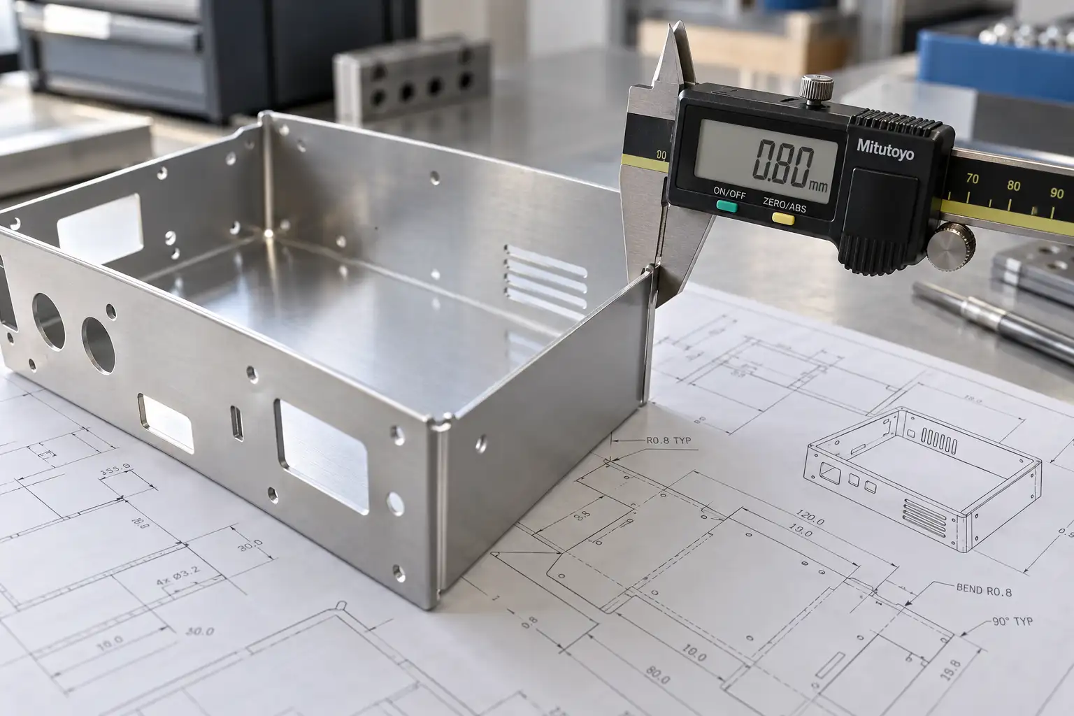 Engineer reviewing lightweight sheet metal design drawing with calipers measuring a thin-wall aluminum enclosure