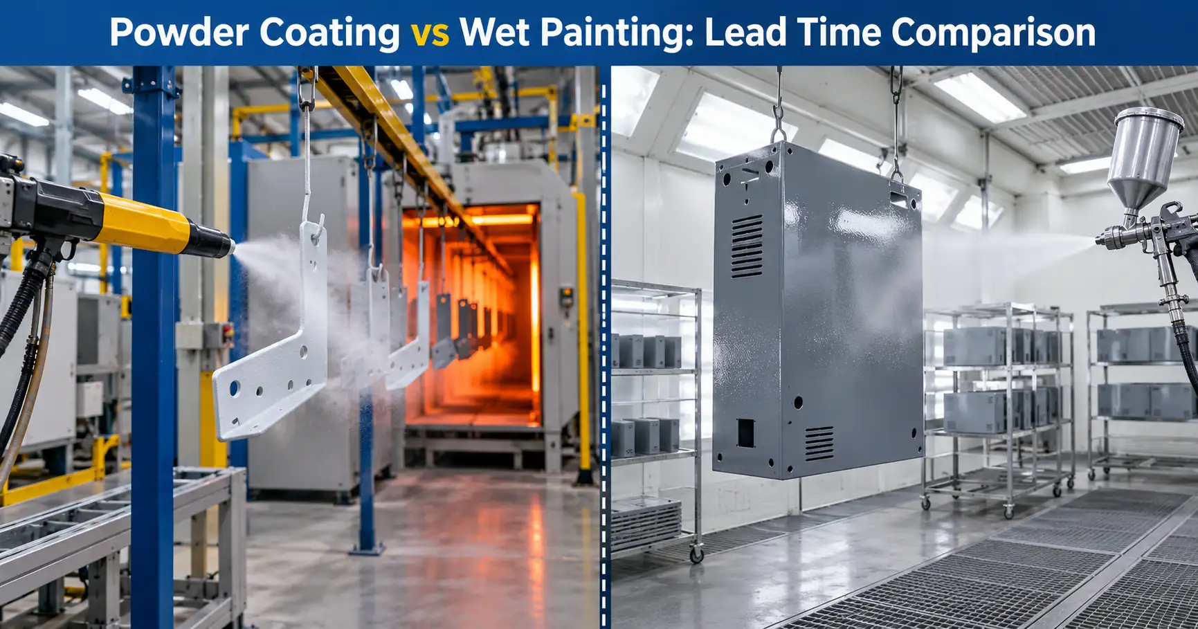Powder coating and wet painting processes side by side for lead time comparison