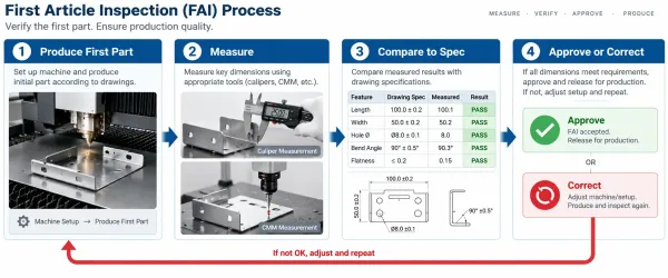 First article inspection process showing measurement of initial production parts before full batch production