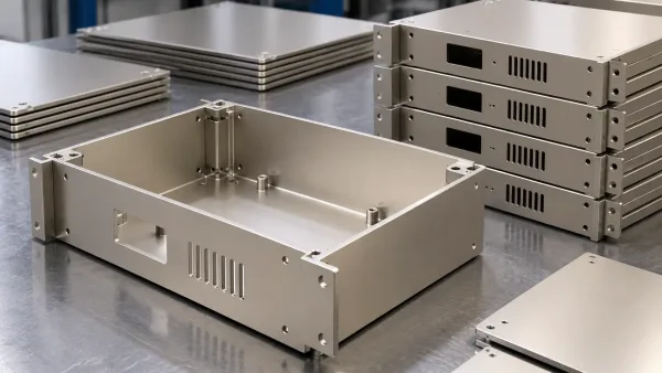 First-article aluminum enclosure beside production lot panels showing consistent cosmetic finish