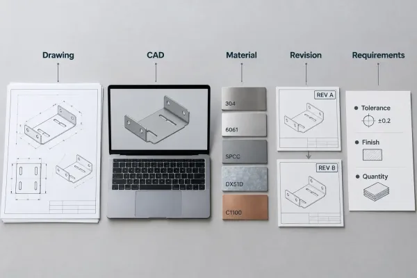 Five document sets for engineering review: drawing, CAD model, material, revision, and requirements