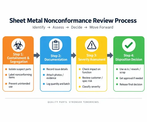 Four-step sheet metal nonconformance review process flowchart from containment through documentation, severity assessment, and disposition decision