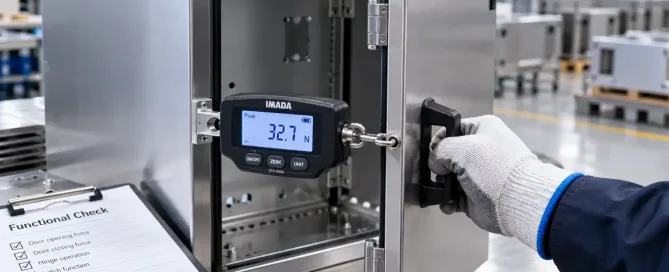 Inspector measuring door opening force on a sheet metal enclosure using a force gauge during functional check