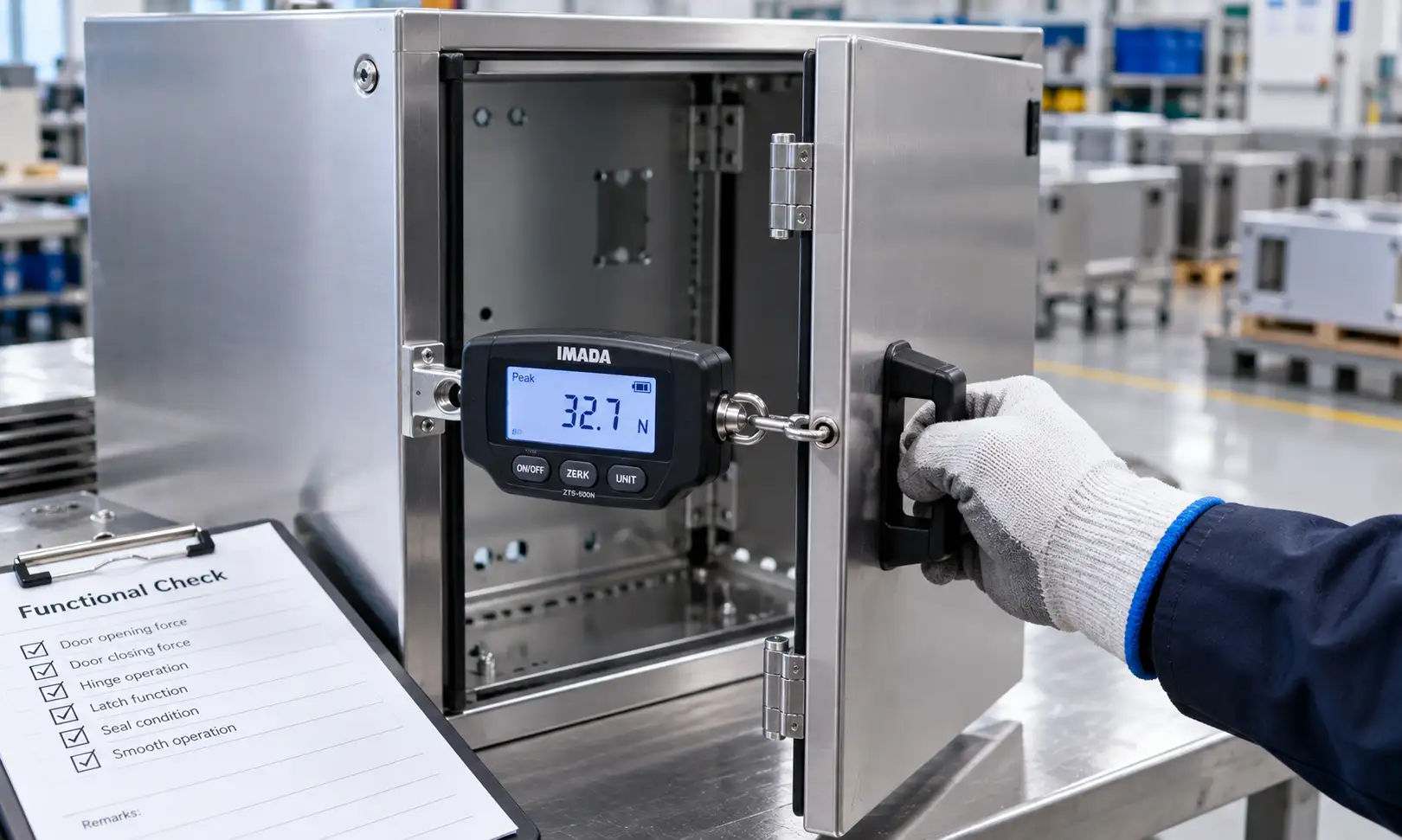 Inspector measuring door opening force on a sheet metal enclosure using a force gauge during functional check