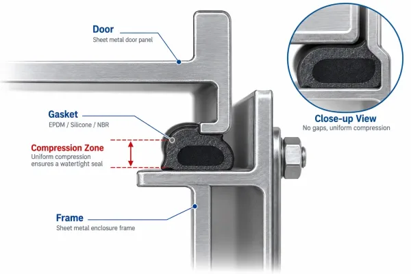 Cross-section diagram showing uniform gasket compression between sheet metal door and frame during sealing functional check