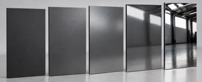 Five coated sheet metal panels progressing from matte to high gloss