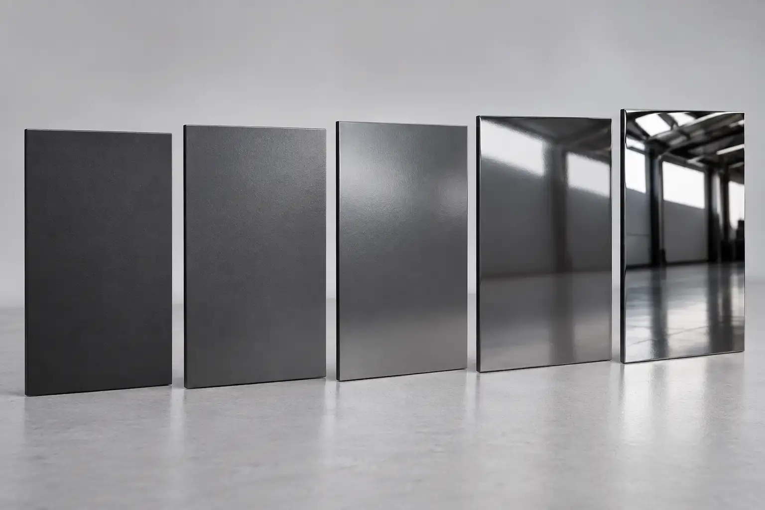 Five coated sheet metal panels progressing from matte to high gloss