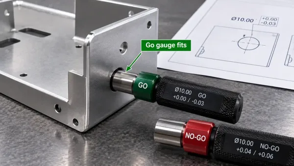 Go/no-go gauge inserted into a hole in a sheet metal part to verify dimensional tolerance during functional check