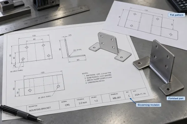 材料と板厚の指示が付いた板金サンプルと仕上げ見本