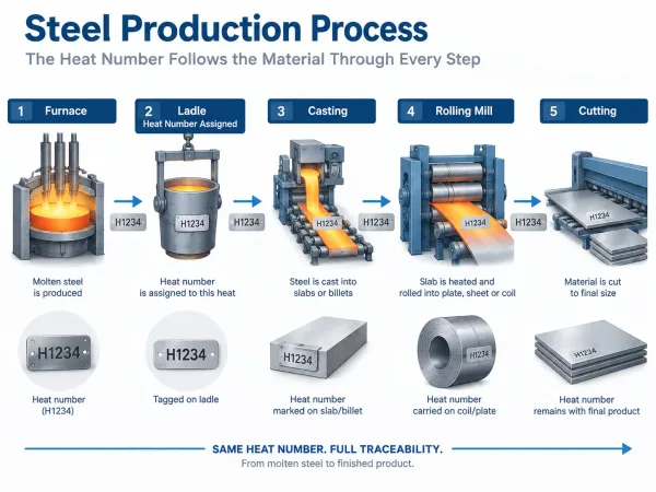 Flussdiagramm des Stahlproduktionsprozesses mit Schmelzennummern-Zuweisung vom Ofen bis zum Schneiden