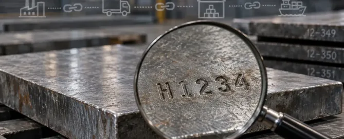 Steel plate with stamped heat number H1234 and magnifying glass focusing on traceability