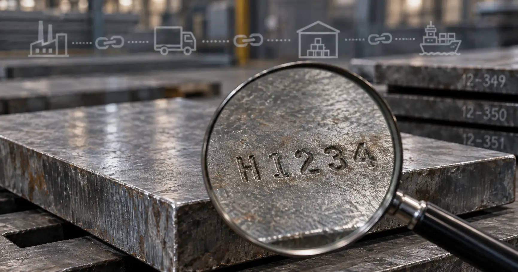 Steel plate with stamped heat number H1234 and magnifying glass focusing on traceability