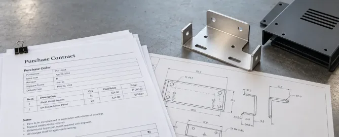 Purchase contract and drawings under review beside finished sheet metal parts