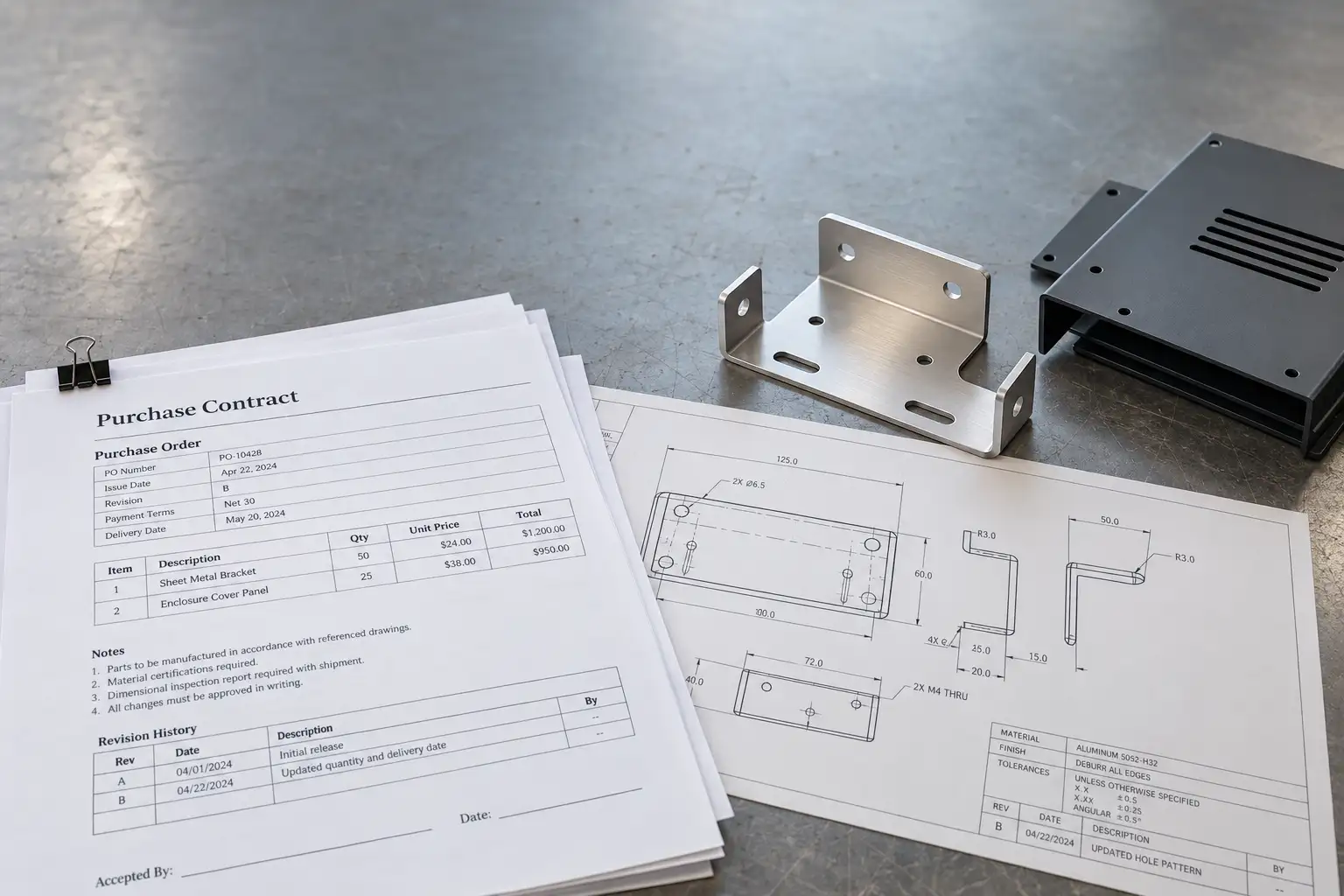 Purchase contract and drawings under review beside finished sheet metal parts